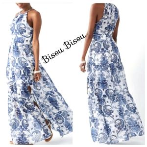 Nwt Bisou Bisou Blue Paisley Flowy Halter Floral Maxidress
